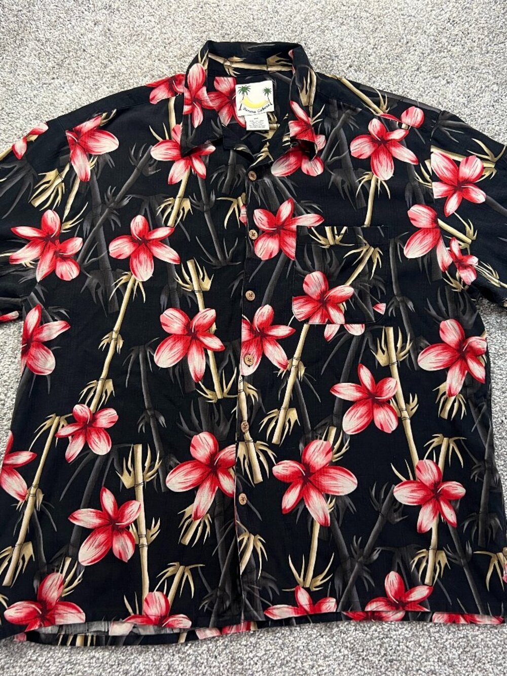 Vintage Men's Banana Cabana 2XL 100% Silk Camp Black Hawaiian Floral Button Up